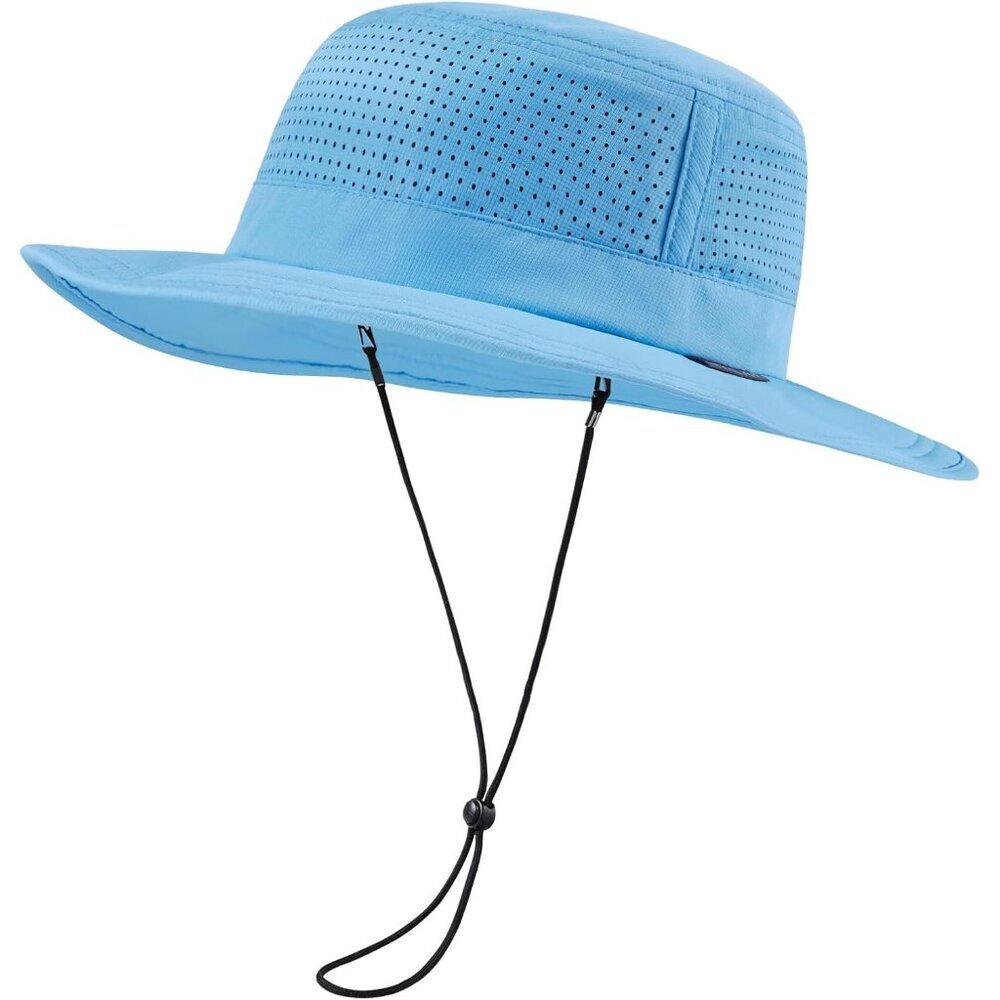 Unisex Sky Blue 100% Polyester Wide Brim Boonie Mesh With Chin Strip Sun Hat